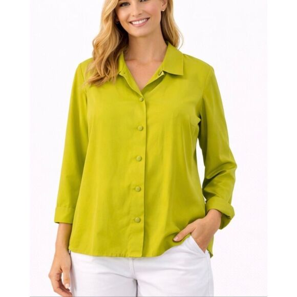 Tess Tops - Tess Dress Vintage 100% silk neon yellow button down blouse 16